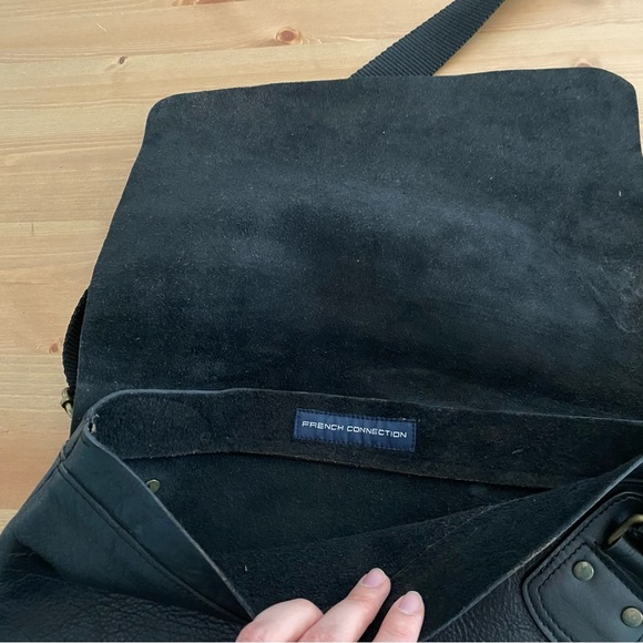 French Connection Black Leather Messenger Bag Adjustable Strap Unisex - Picture 6 of 15
